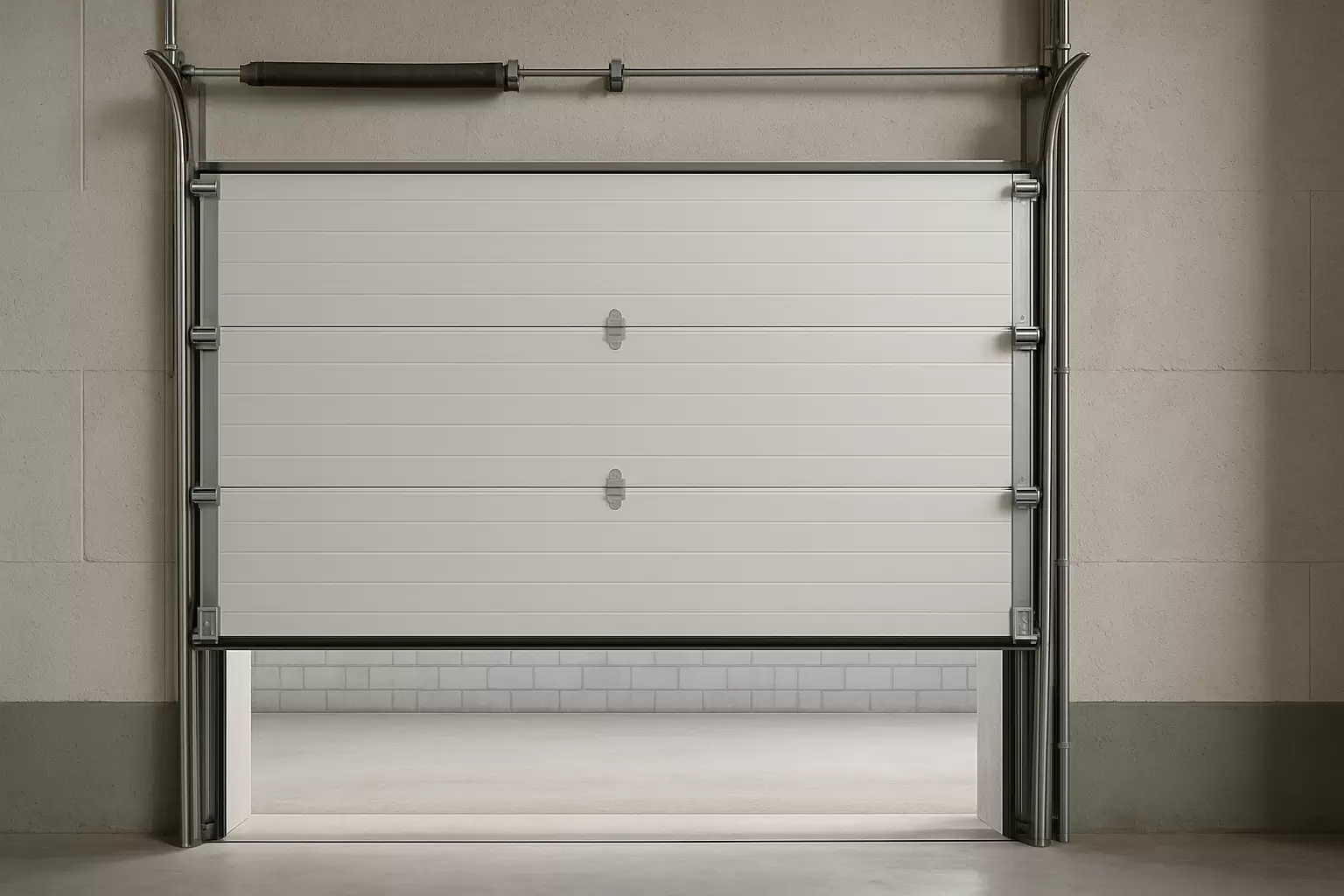 Partially open overhead sectional industrial door with white insulated panels and visible metal tracks, installed in a concrete wall, allowing a view of the outdoor loading area.