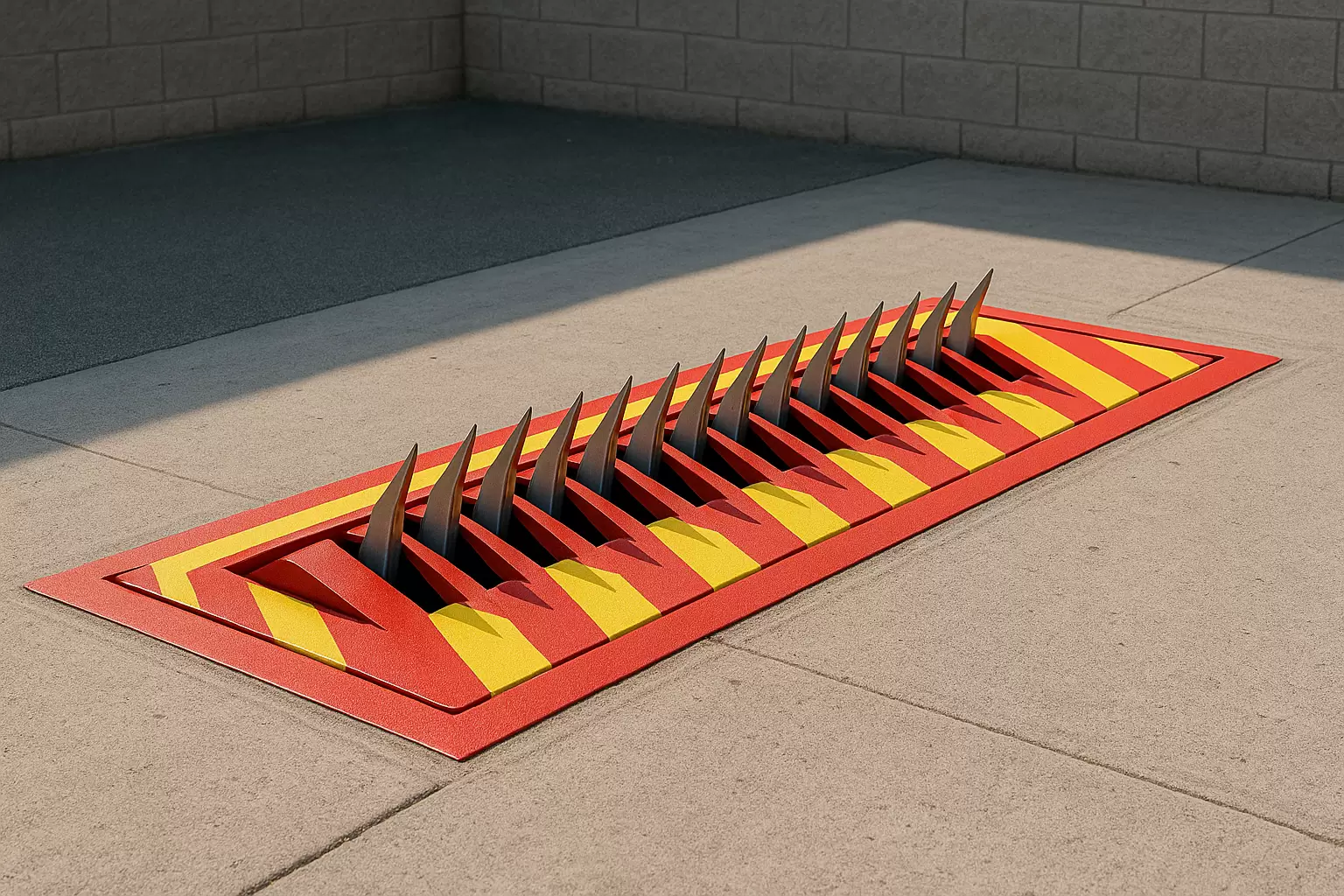 Heavy-duty spike barrier (tyre killer) with sharp metal teeth for unauthorized vehicle prevention, installed on a concrete driveway – Indematic Automation