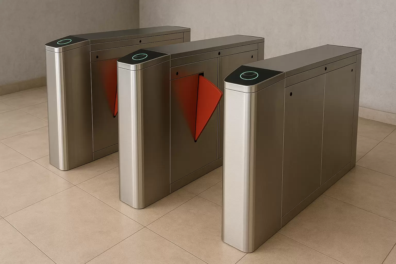 Stainless steel flap barrier turnstiles with red flaps and touchless access panels installed in a secure indoor facility – Indematic Automation
