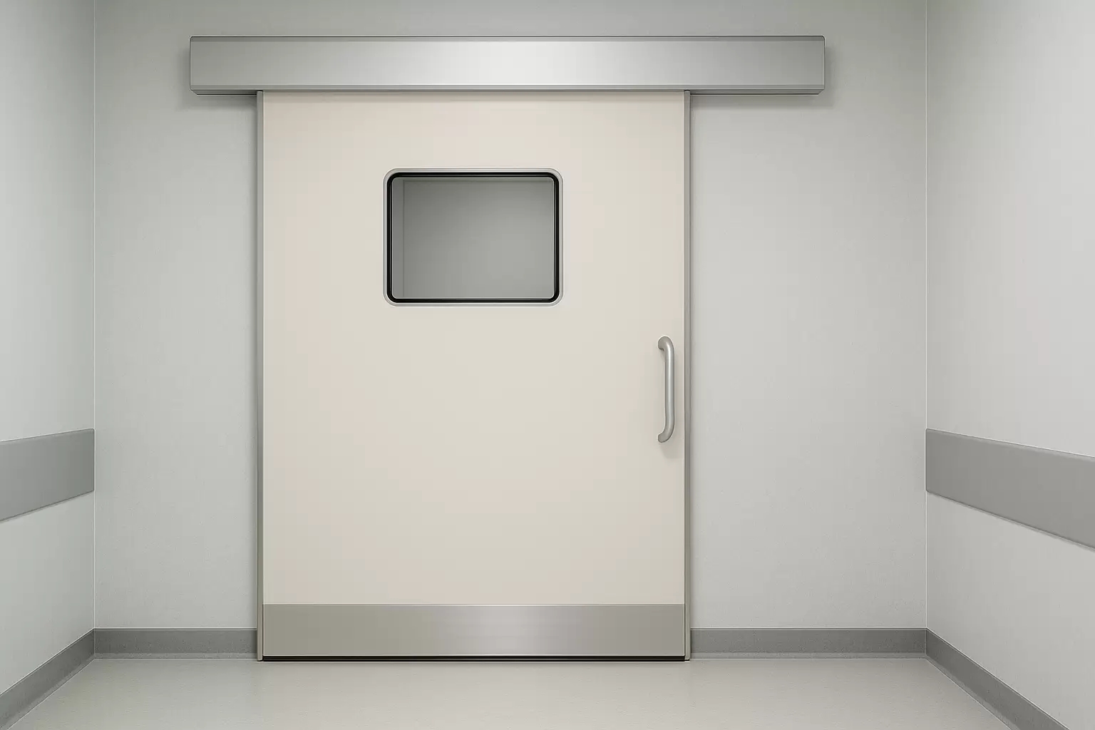 Hermetically sealed hospital door with centered window, clean off-white surface and hygienic finish for medical environments – Indematic Automation