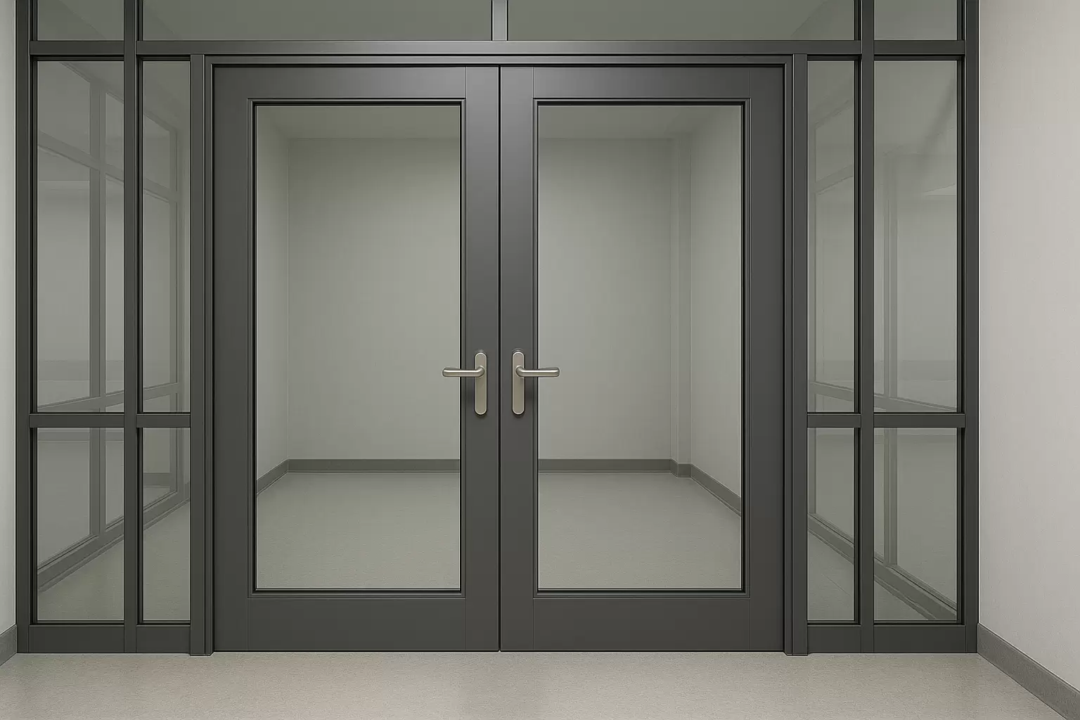 Modern glazed fire-rated double doors with side glass partitions in a commercial office corridor with black metal frames – Indematic Automation