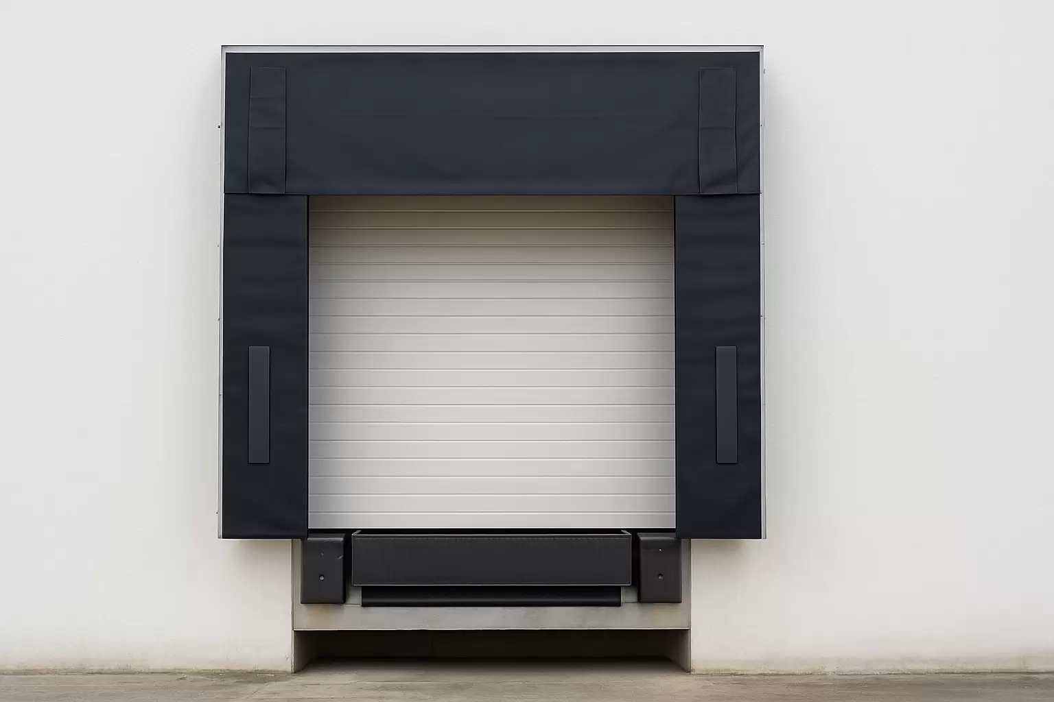 eavy-duty black fabric dock shelter with a roll-up shutter door, mounted on a white industrial warehouse exterior